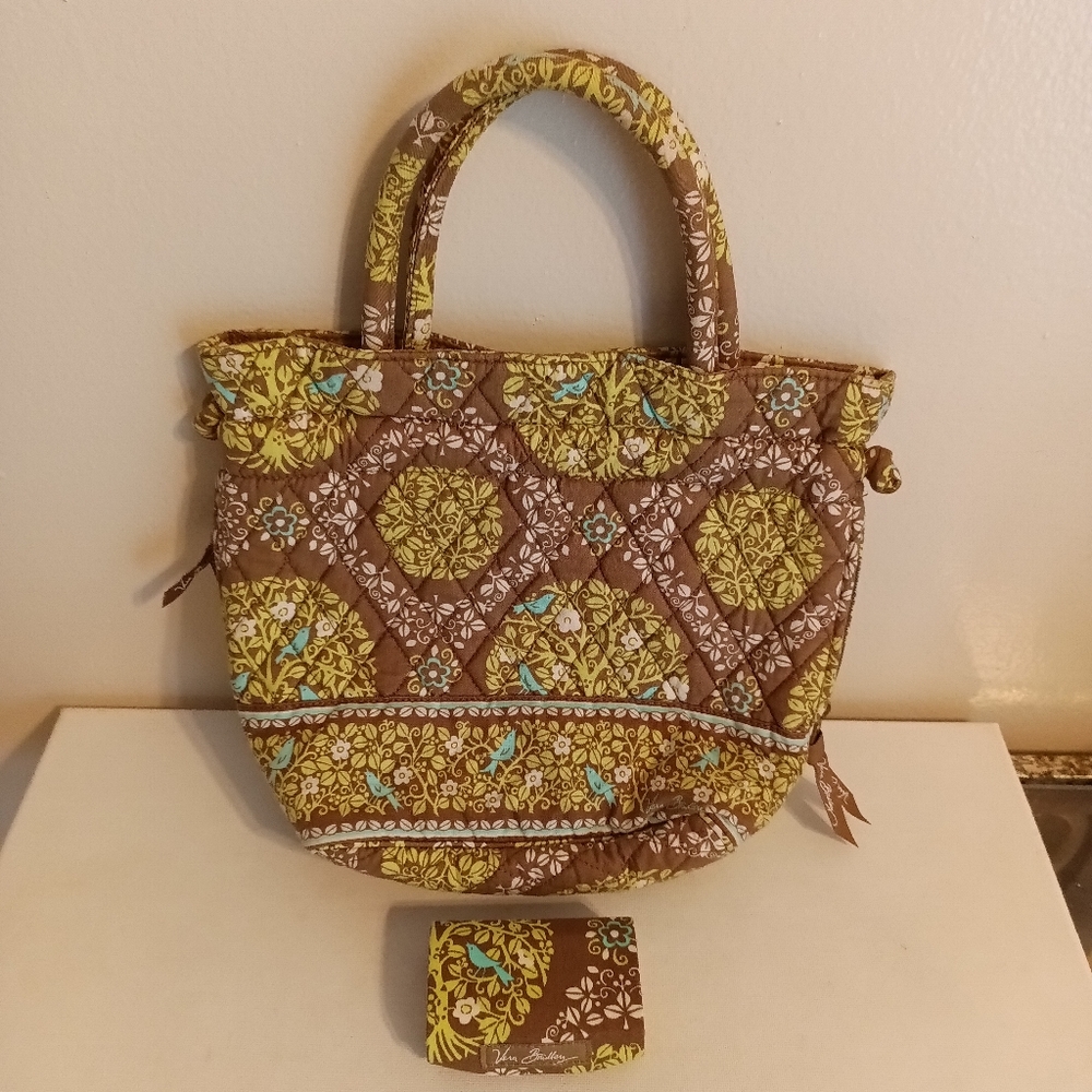 Vera Bradley Satchel with matching mirror case green and brown purse